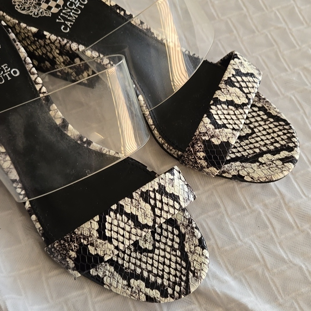 Vince Camuto Clear Strap Snake Print Block Heel Sandals - Black & White - Picture 4 of 8